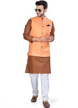 Brown Linen Blend Kurta Pyjama With Jacket