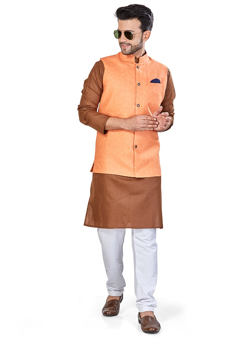 Brown Linen Blend Kurta Pyjama With Jacket