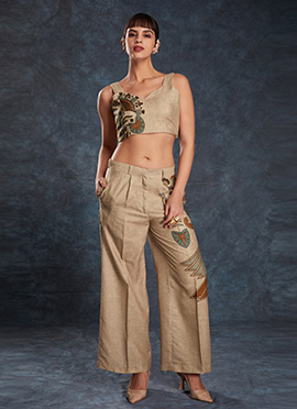 Brown Linen Digital Print Indowestern Co ord Set