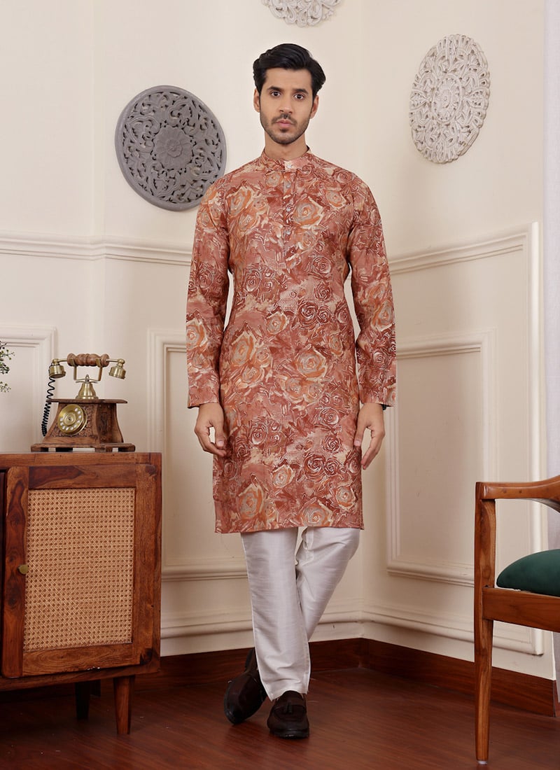 Brown Modal Silk Printed Kurta