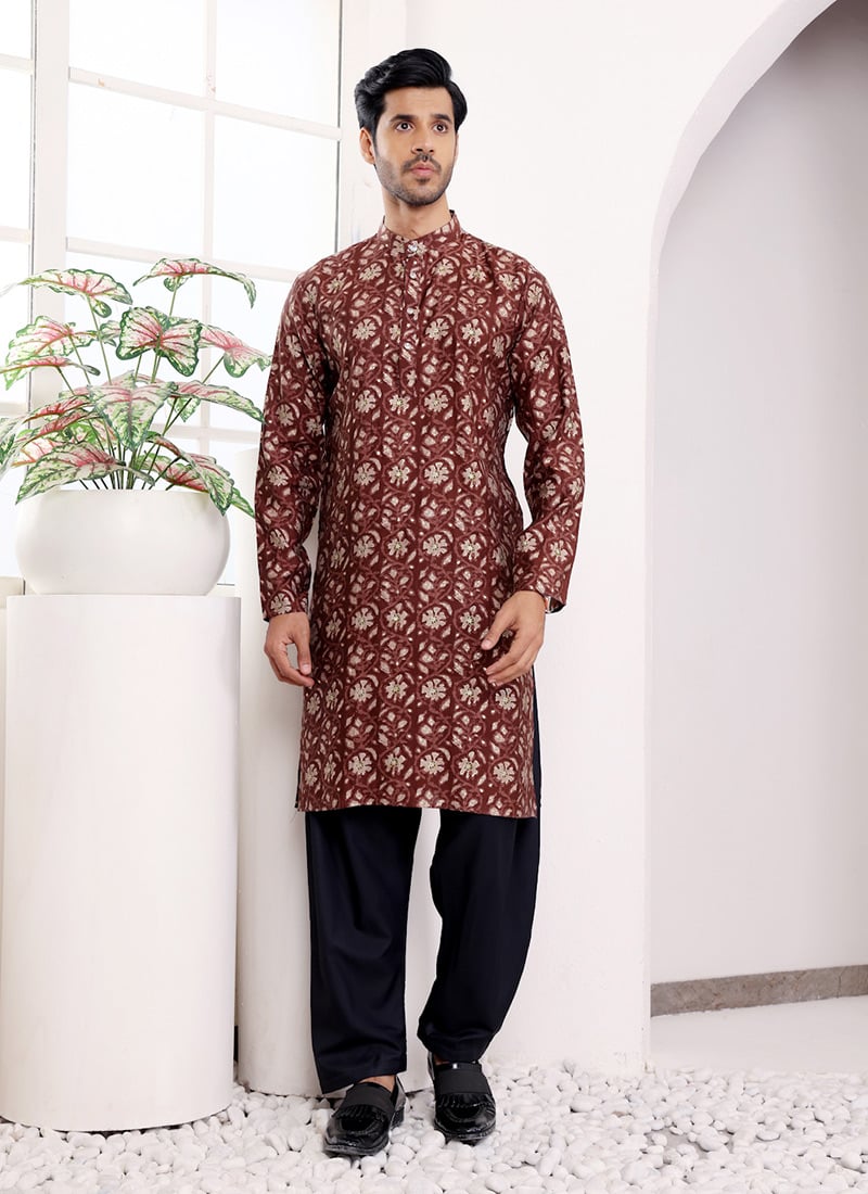 Brown Modal Silk Printed Kurta