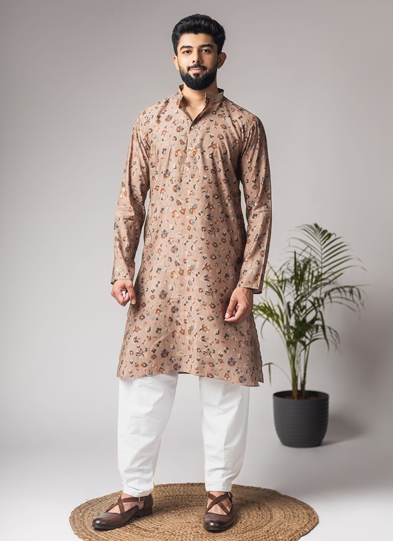 Brown Modal Silk Printed Kurta Pyjama After Six Wear