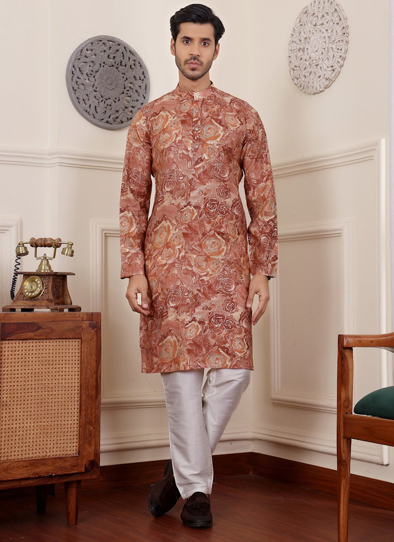 Brown Modal Silk Printed Kurta Pyjama