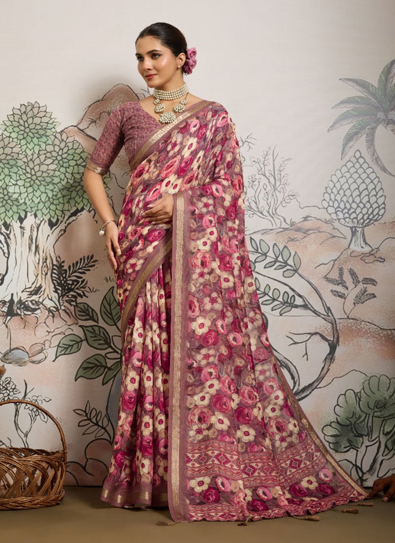Brown Moss Polyester Digital Print Zari Saree After Six Wear