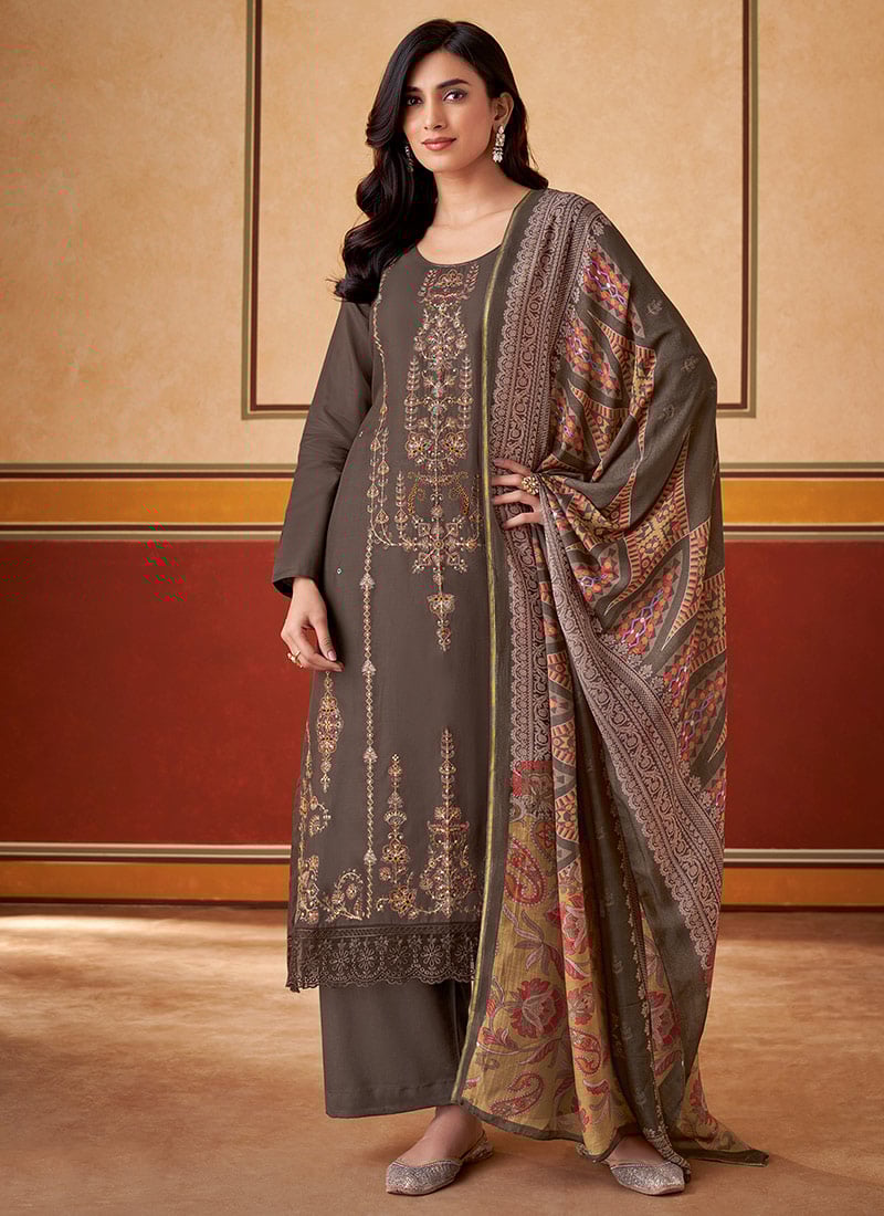 Brown Muslin Digital Print Embroidered Pakistani Straight Pant Suit