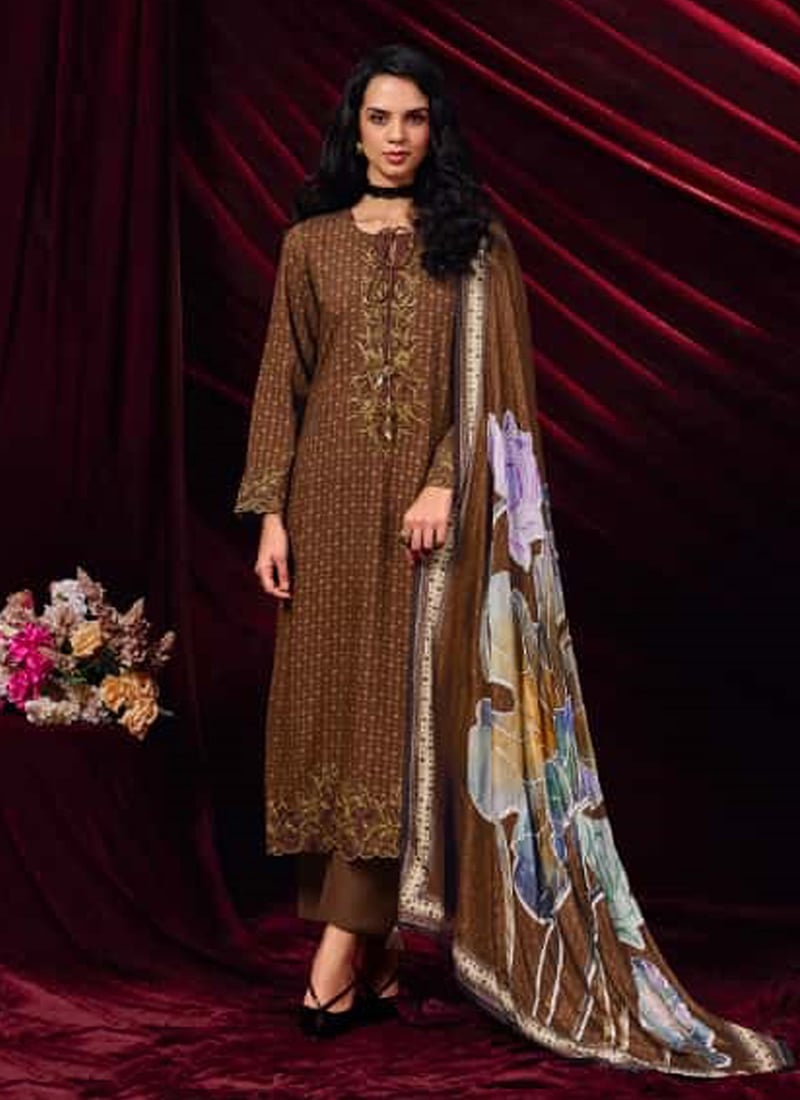 Brown Muslin Digital Print Straight Pant Suit