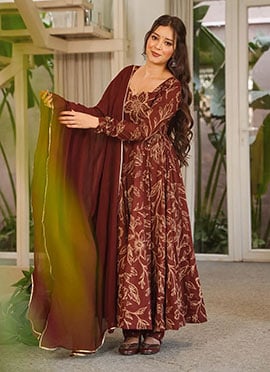 Brown Muslin Floral Digital Print Anarkali Suit