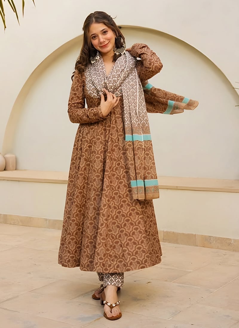Brown Muslin Printed Anarkali Suit