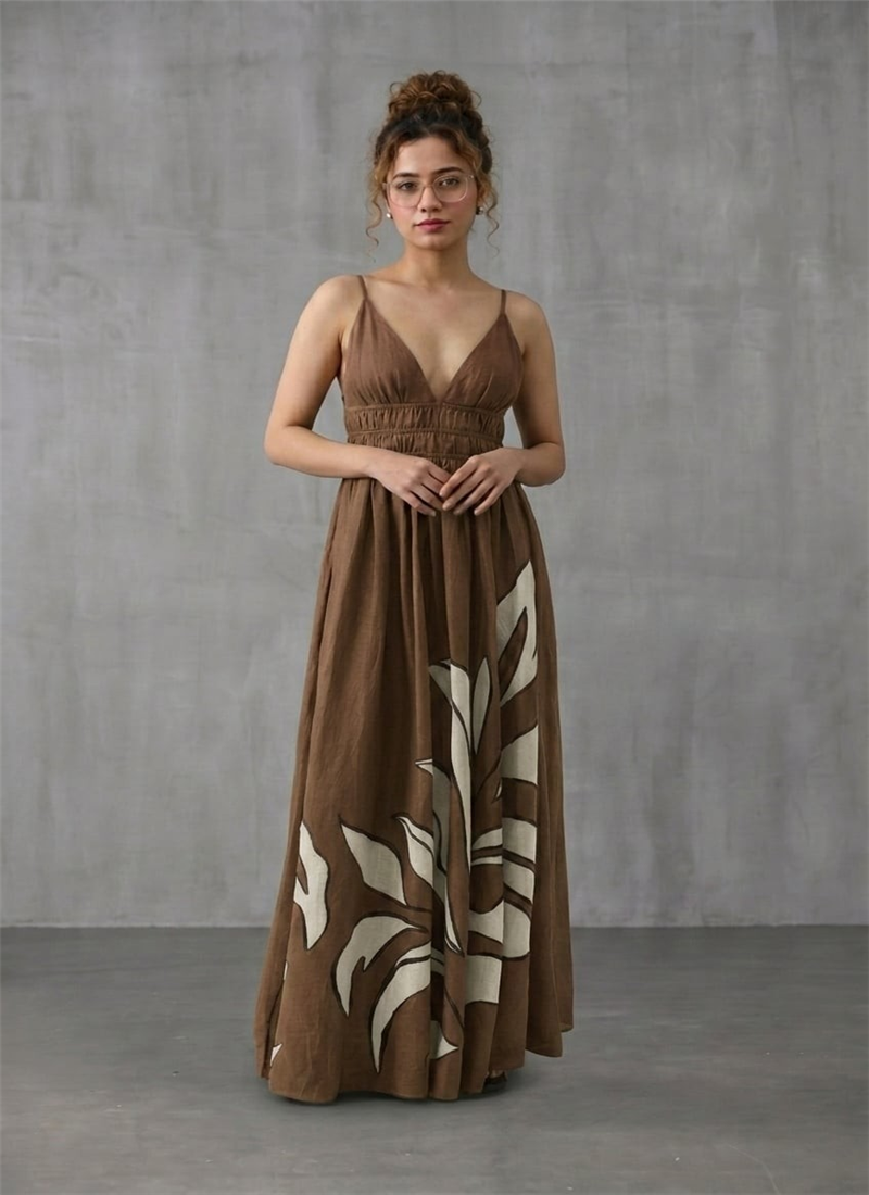 Brown Muslin Printed Maxi Dress After Six Wear