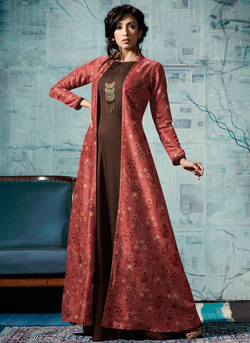 Brown N Peach Printed Anarkali Gown Party Wear