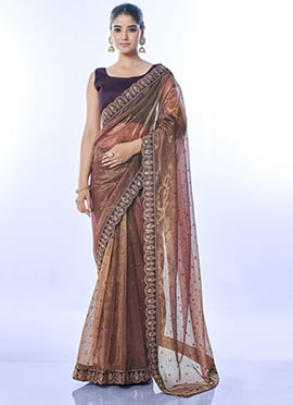 Brown Net Embroidered And Sequins Saree