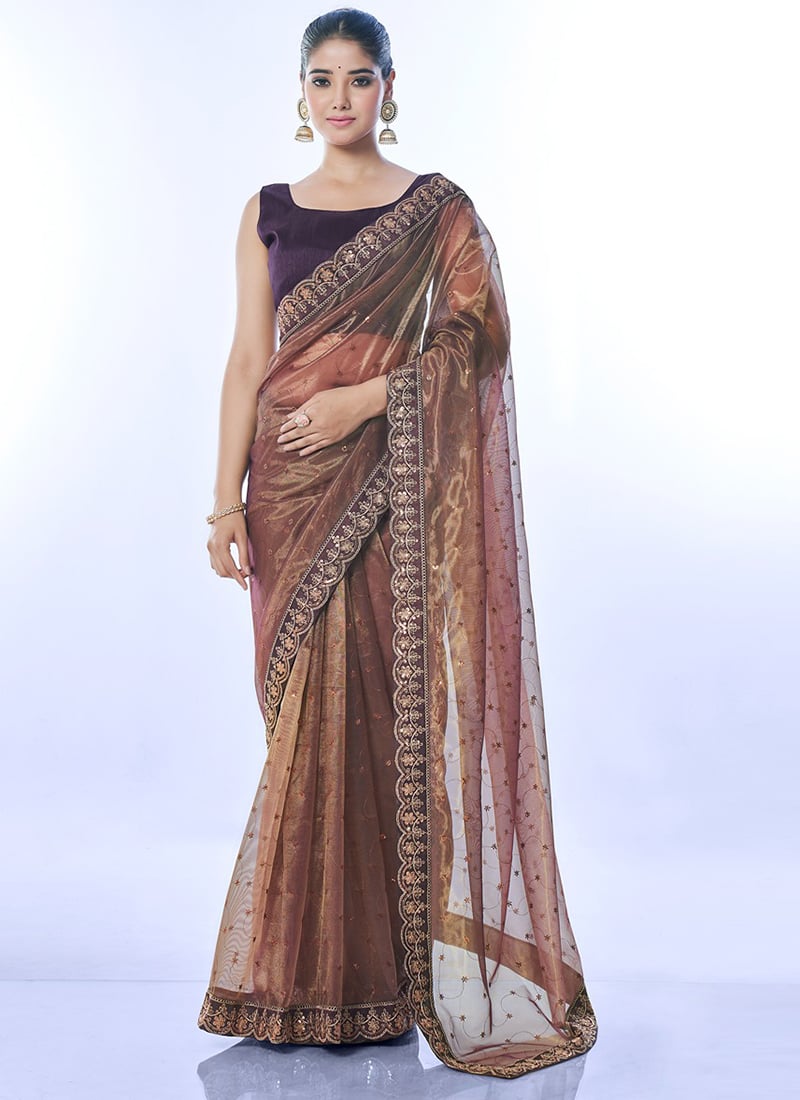 Brown Net Embroidered And Sequins Saree Festive Wear