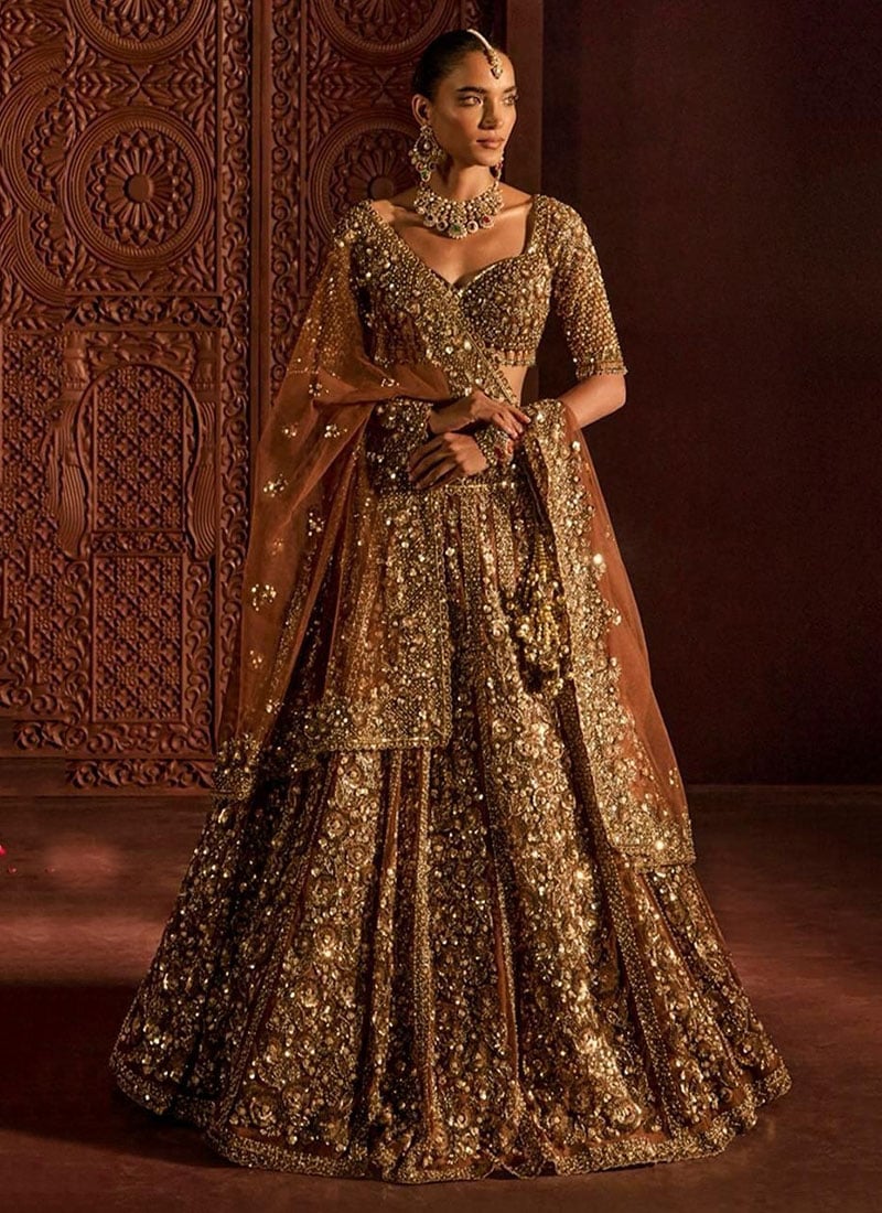 Brown Net Embroidered Lehenga Wedding Wear