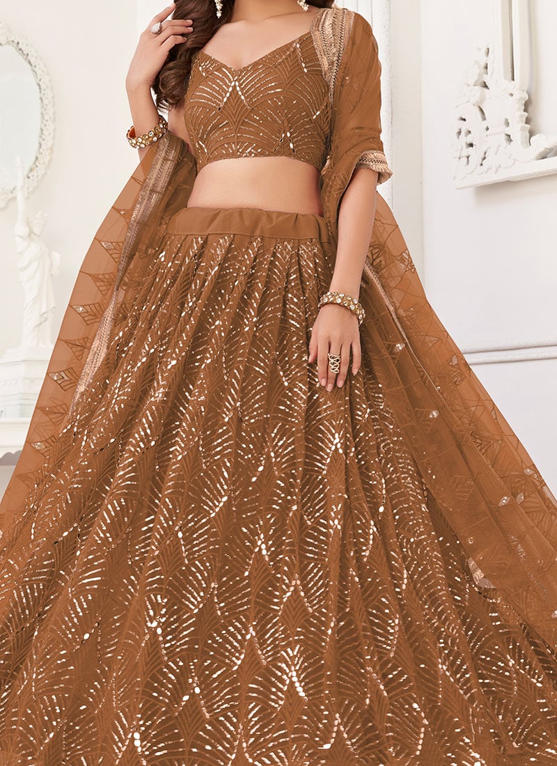 Brown Festive Wear Sequins Zari Embroidered Net Lehenga Choli