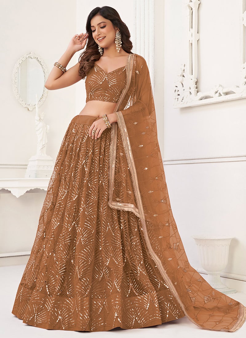 Brown Net Embroidered Sequins Dazzling Lehenga Wedding Wear