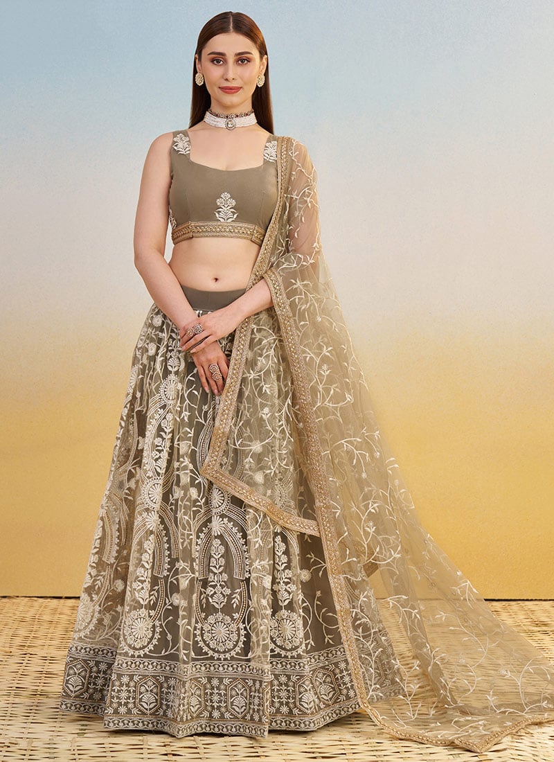Brown Net Embroidered Sequins Lehenga Wedding Wear