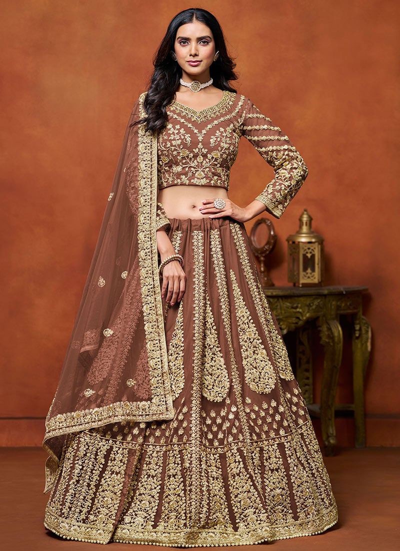 Brown Net Embroidered Sequins Regal Lehenga Wedding Wear