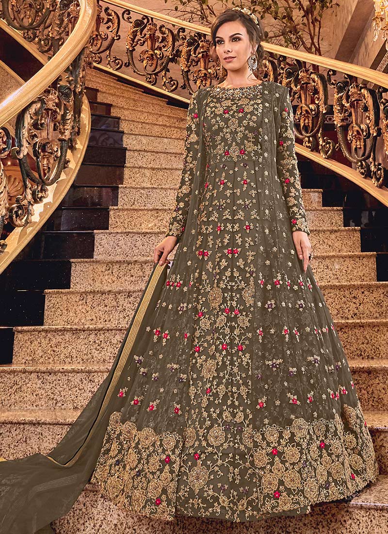 Buy Brown Net Jacket Style Anarkali Suit, Embroidered, anarkali suit Online Shopping SLSCC6307B