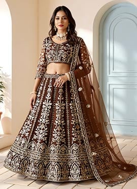 Brown Net Lehenga With Embroidery And Sequins Work