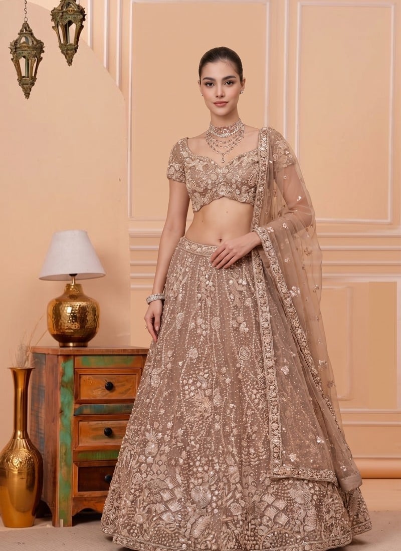 Brown Net Sequins Embroidered Lehenga After Six Wear