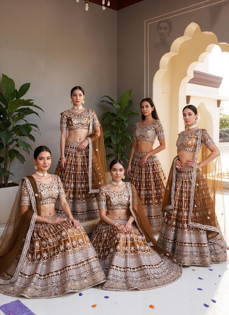 Brown Net Zari Embroidered Sequins Gorgeous Lehenga