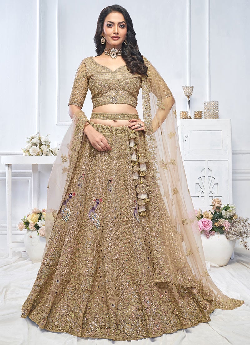 Brown Net Zari Embroidered Stone Work Sequins Lehenga For Grand Occasions