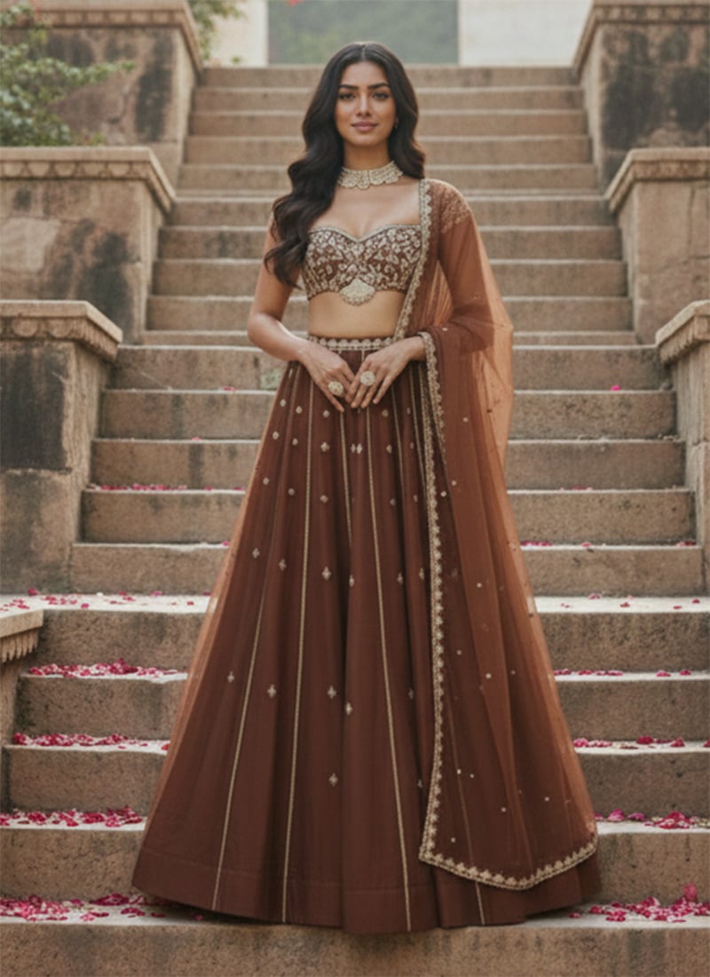 Brown Net Zari Hand Embroidered Sequins Lehenga Wedding Wear