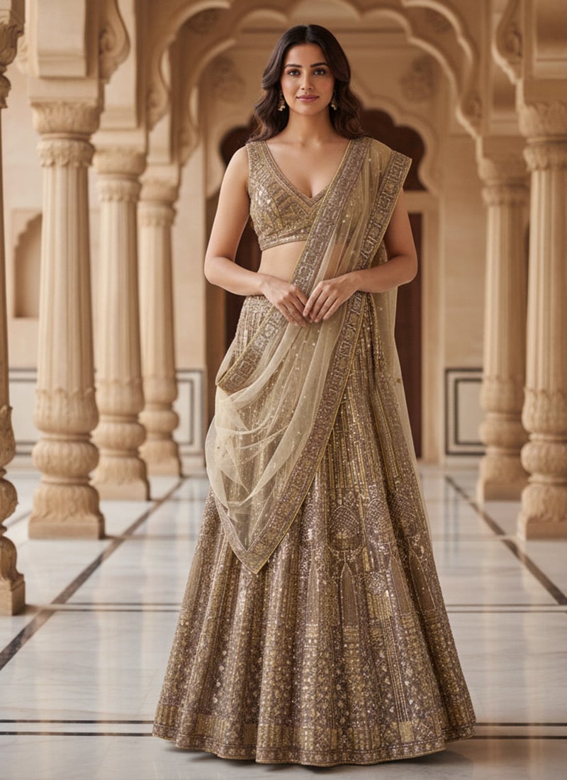 Brown Net Zari Sequins Embroidered Lehenga Wedding Wear
