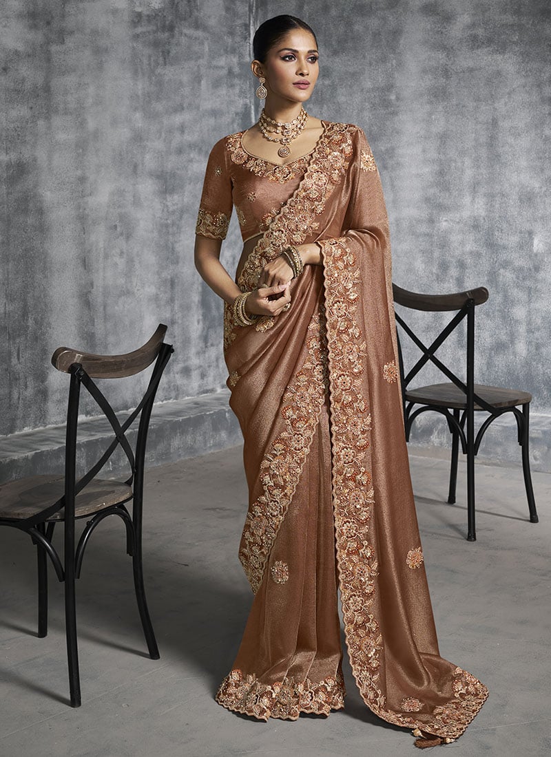 Brown Nylon Satin Silk Resham Sequins Embroidered Stones Beads Zari Saree Wedding Wear