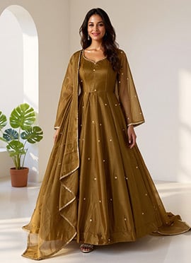 Brown Organza Embroidered Anarkali Suit