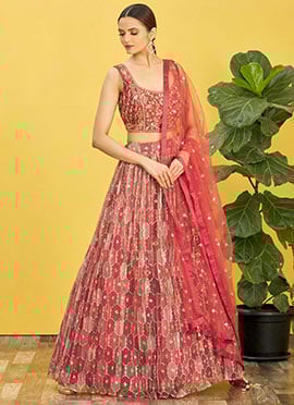 Coral Red Organza Embroidered Printed Umbrella Lehenga