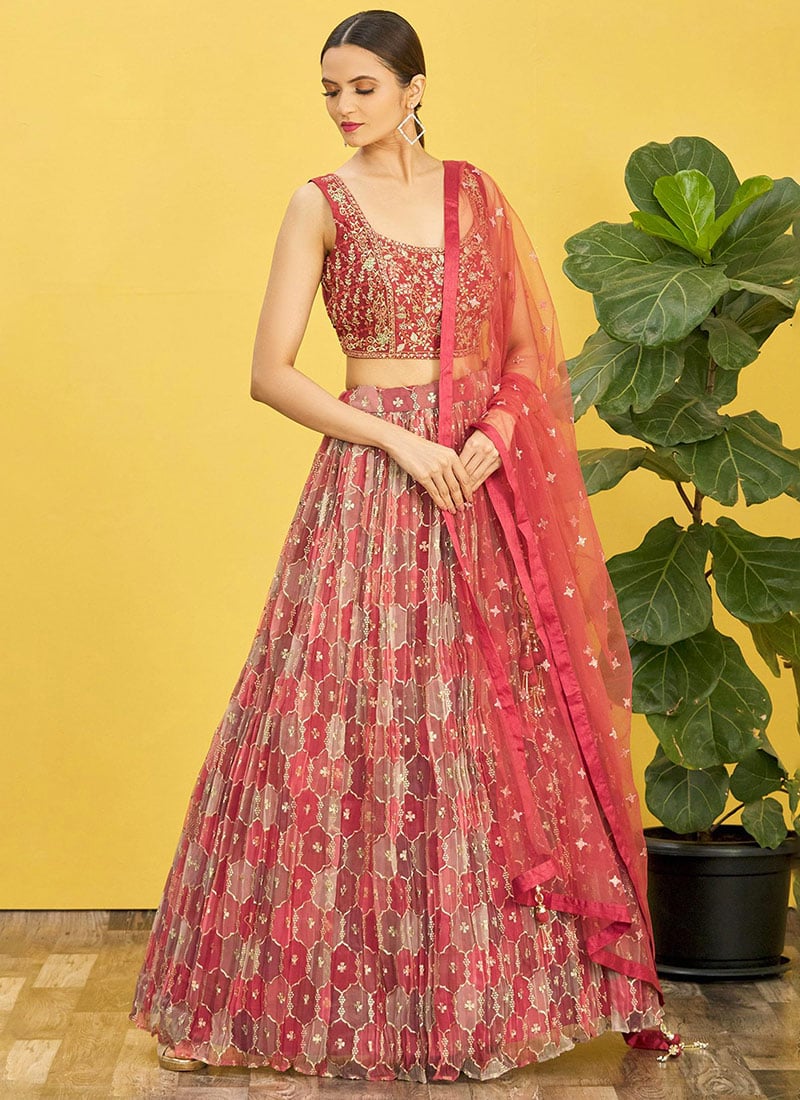 Coral Red Organza Embroidered Printed Umbrella Lehenga Party Wear