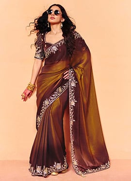 Brown Organza Embroidered Sequins Saree