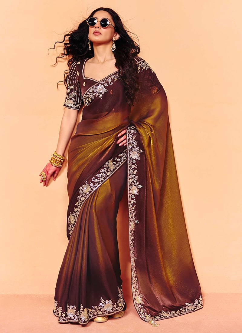 Brown Organza Embroidered Sequins Saree Festive Wear