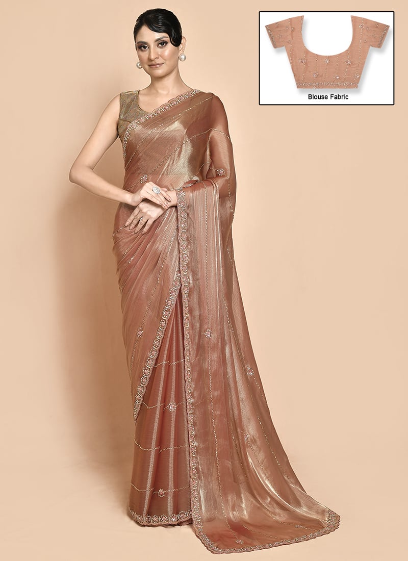Brown Organza Hand Embroidered Saree Wedding Wear