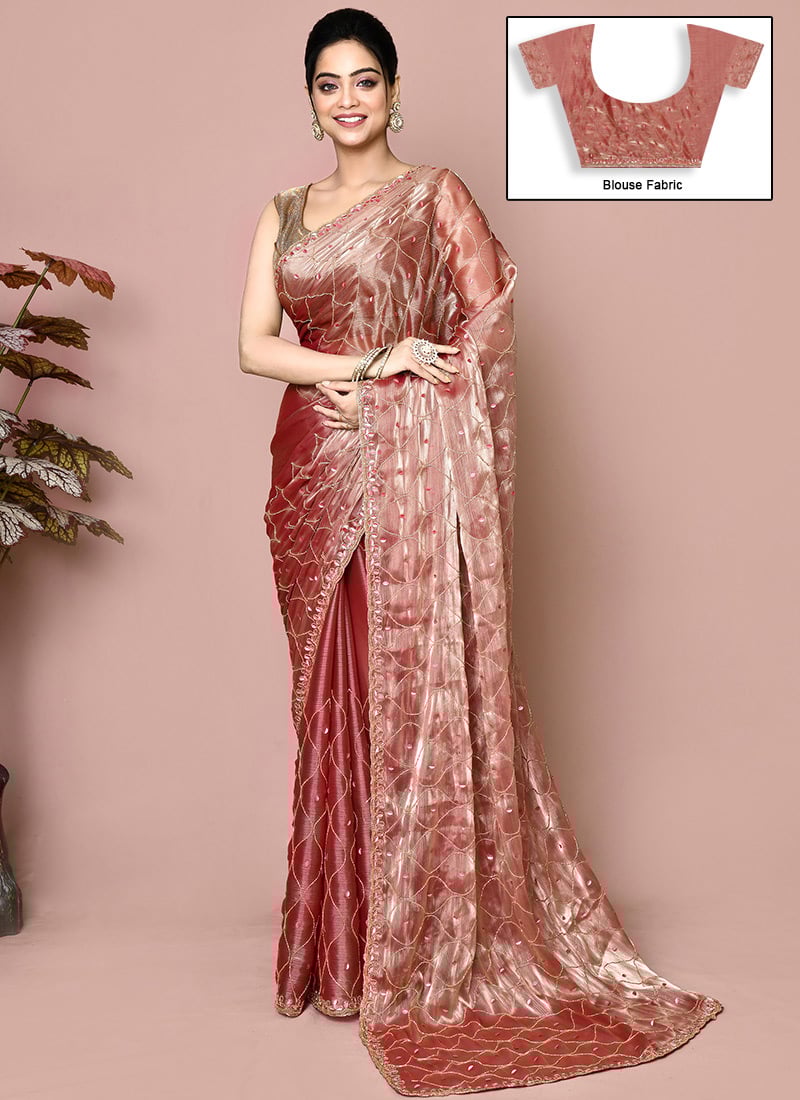Brown Organza Hand Embroidered Saree