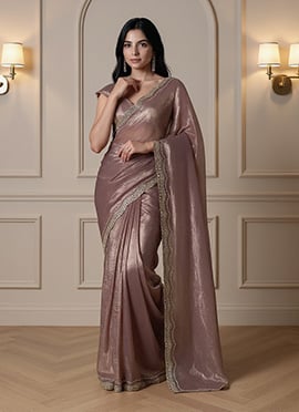 Brown Organza Hand Embroidered With Mirror Work Saree