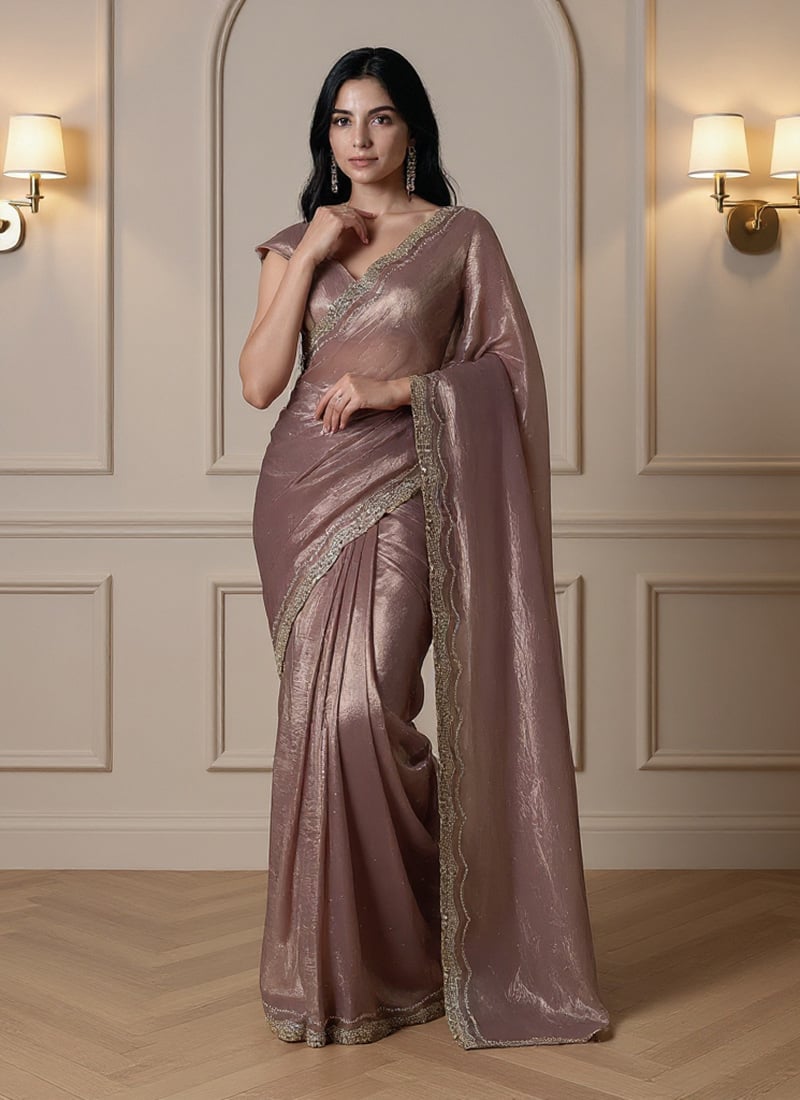 Brown Organza Hand Embroidered With Mirror Work Saree