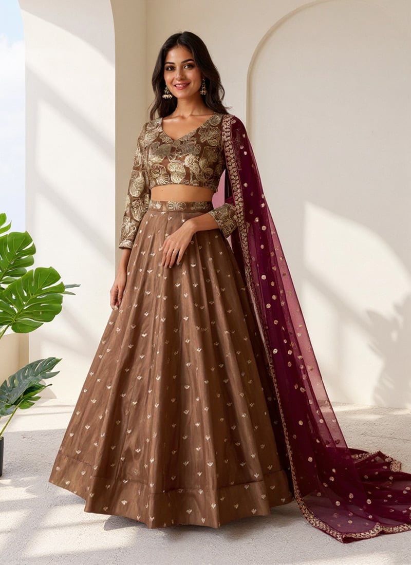 Brown Organza Sequins Lehenga Wedding Wear