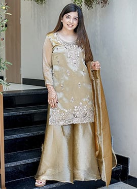 Brown Organza Silk Embroidered Sequins Palazzo Suit