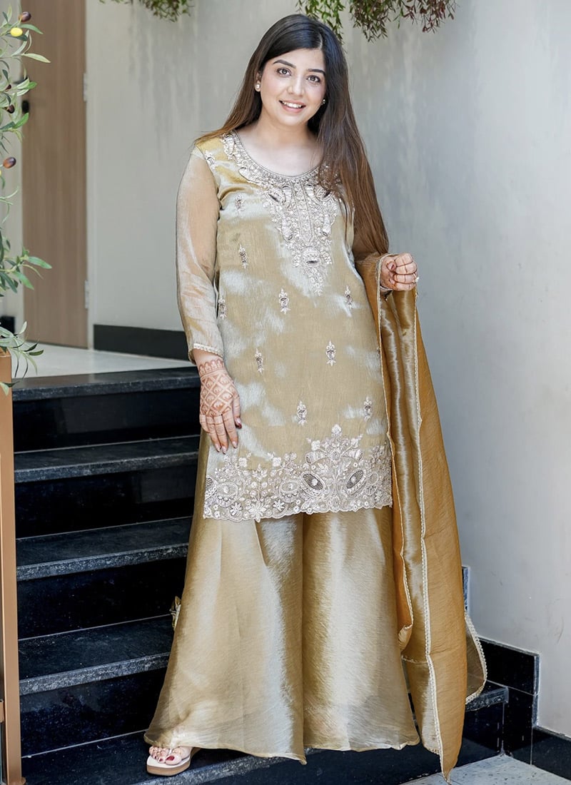 Brown Organza Silk Embroidered Sequins Palazzo Suit Festive Wear