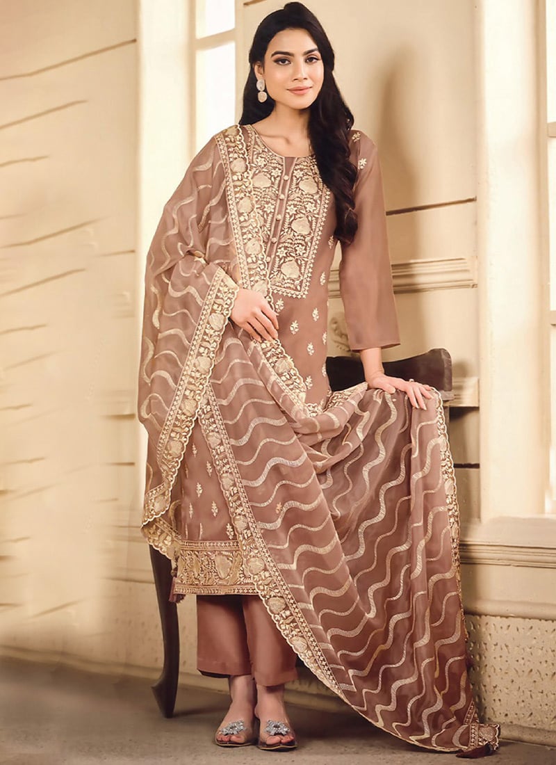 Brown Organza Zari Embroidered  Straight Pant Suit Festive Wear