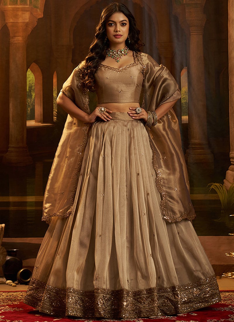 Brown Organza Zari Embroidered Sequins Umbrella Lehenga Wedding Wear