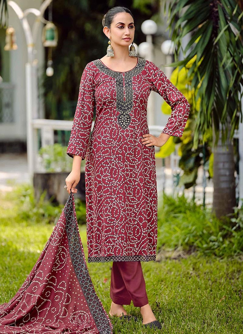 Brown Pashmina Bandhini Print Straight Pant Suit After Six Wear