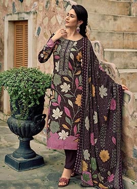 Brown Pashmina Digital Print Embroidered Straight Pant Suit