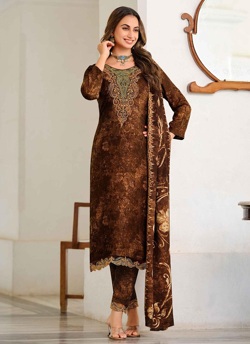 Brown Pashmina Embroidered Straight Pant Suit With Digital Print Dupatta After Six Wear