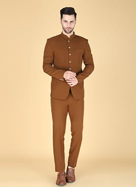 Brown Polyester Cotton Bandhgala Suit