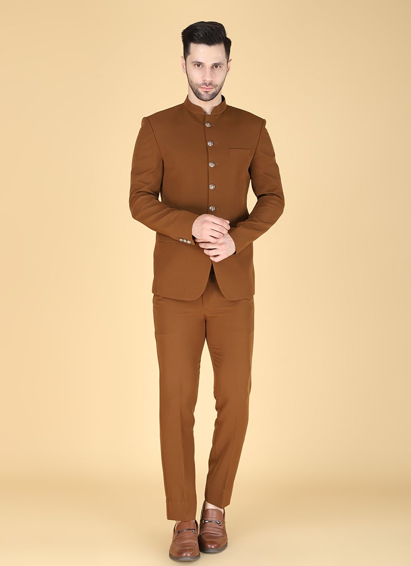 Brown Polyester Cotton Bandhgala Suit Wedding Wear