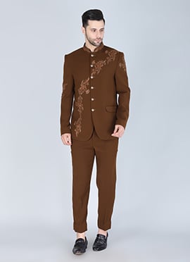 Brown Polyester Cotton Sequins Beads Bandhgala Suit
