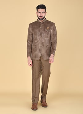 Brown Polyester Cotton Sequins Beads Bandhgala Suit